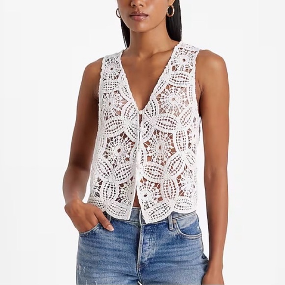 Express White Crochet V Neck Button Up Vest NWT - Picture 6 of 9